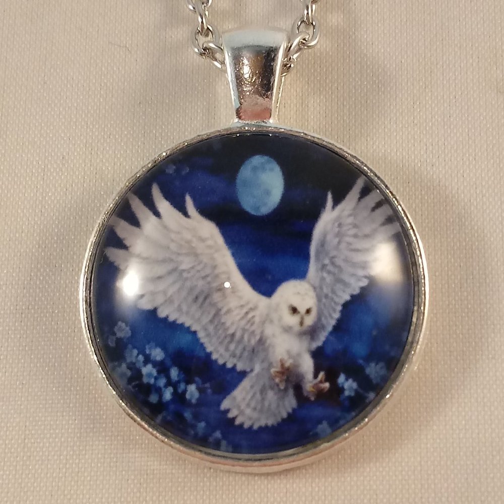 Mens Silver Mystical Snowy Owl Bird Moon Cabochon Pendant Chain Necklace Gift